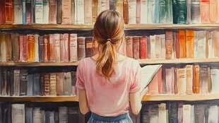 书架前看书的女人