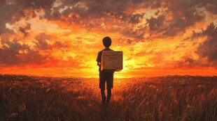 夕阳下玩耍的小男孩