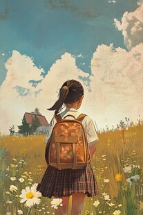 女学生夕阳下插画