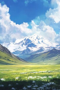 手绘草原草雪山