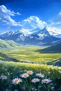 手绘草原草雪山