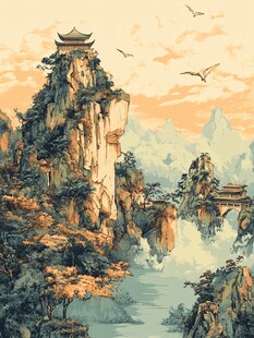 手绘海景楼阁仙鹤仙山