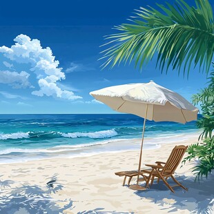 手绘热带海滩晒太阳