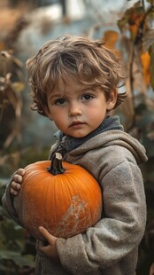 小孩双手捧南瓜