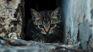 在躲猫猫的小猫