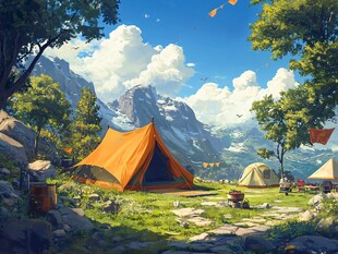 手绘山林露营地