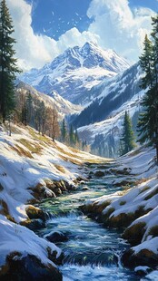 雪山河流油画