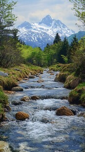 雪山下山谷清溪流水