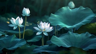 深蓝背景荷花图