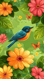 草地鲜花小鸟动物