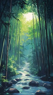 竹林河流山水