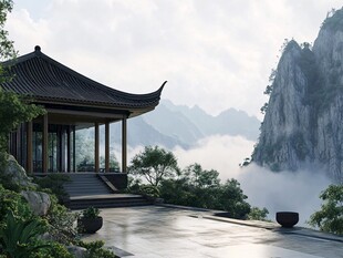 新中式楼阁山水