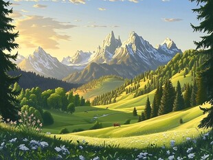 手绘森林山峰草地