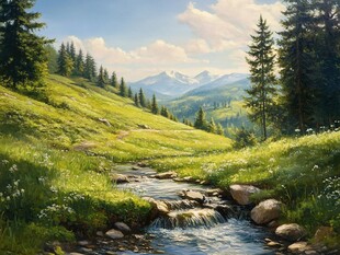 山涧小溪油画
