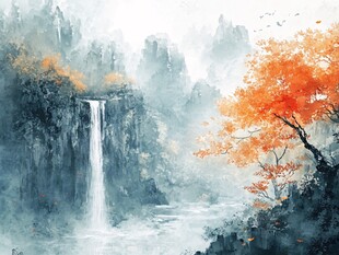 红叶古风山水画