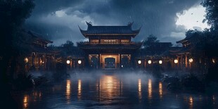 中式古代建筑雨景