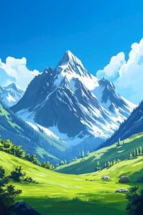 手绘草原草雪山