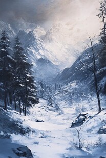 雪山飞雪油画