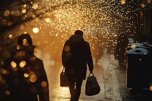 夜晚雨中行走的人