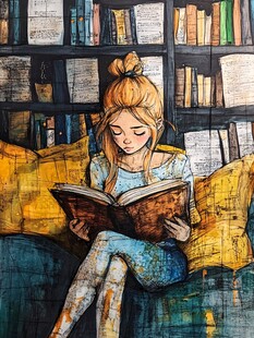 女孩读书手绘