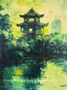 古风亭台楼阁油画