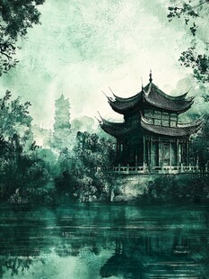 亭台楼阁绿色背景