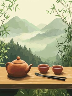 山水画茶树茶杯茶园