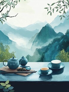 山水画茶树茶杯茶园