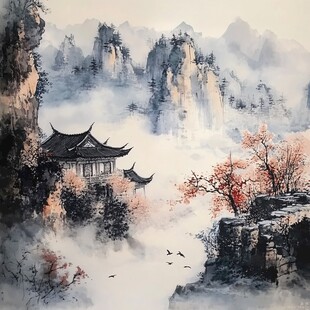 楼阁山水意境画