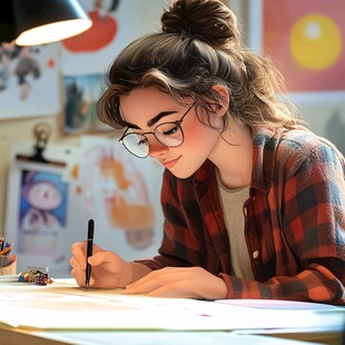 女生做设计插画