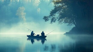 墨韵禅意渔舟湖畔钓鱼