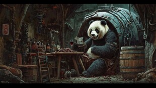 手绘喝啤酒的熊猫