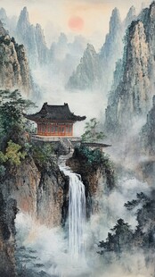 旭日东升楼阁山水画
