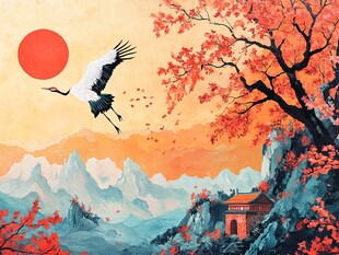 复古仙鹤聚宝盆山水