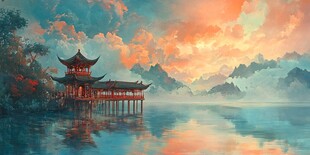 亭台楼阁意境插画