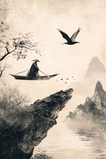 水墨船墨痕飞鸟