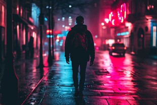 夜晚雨中行走的人