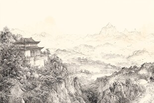 楼阁描线山水背景墙