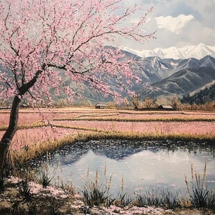 桃花风景油画