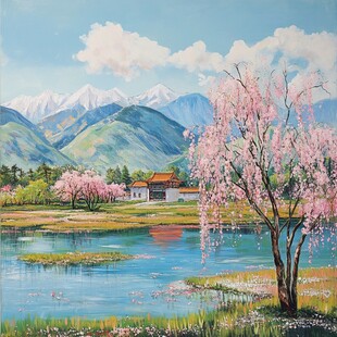 桃花风景油画