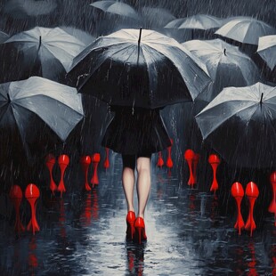 撑红雨伞的女孩