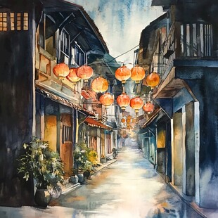 古街水彩画