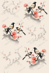 中国风工笔花鸟印花