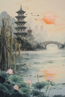 旭日东升楼阁山水画