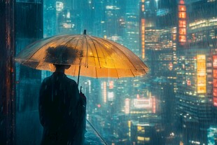 雨中撑伞的人