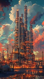 落日下的化工厂