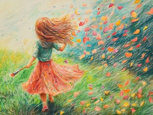 绘呆萌女孩躲雨无框画