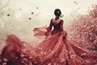 赏花红衣姑娘背影