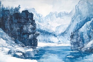 雪山河流油画