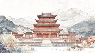 插画横店水彩水墨山水